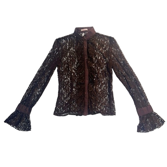 Princy by Jessica Simpson Y2K Brown Sheer Lace Ruffle Button Down Blouse - Picture 2 of 8